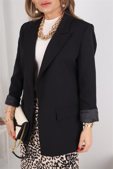 Kolu Katlı Kruvaze Siyah Blazer Ceket