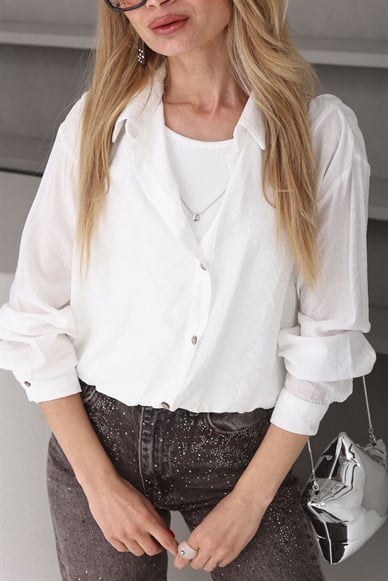 Kolyeli Penye Detay Ekru Gömlek