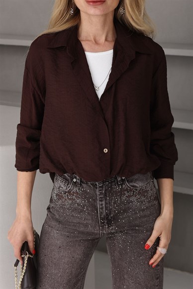 Kolyeli Penye Detay Kahve Gömlek