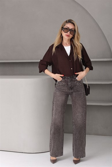 Kolyeli Penye Detay Kahve Gömlek