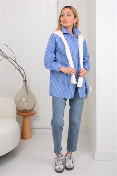 Koyu Mavi Çizgili Oversize Gömlek