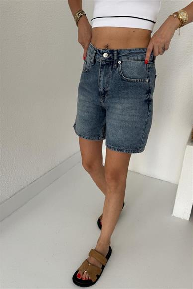Koyu  Mavi Taşlamalı  Denim Şort