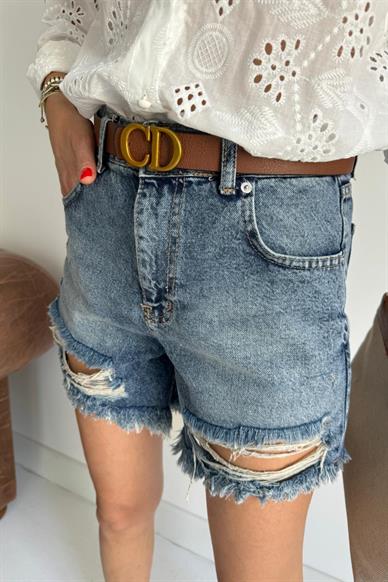 Koyu Mavi Yırtık Detay  Denim Şort