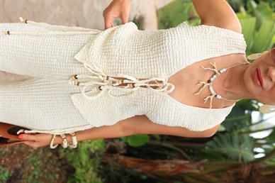 Krem Bağcıklı Bürümcek Yelekli Takım