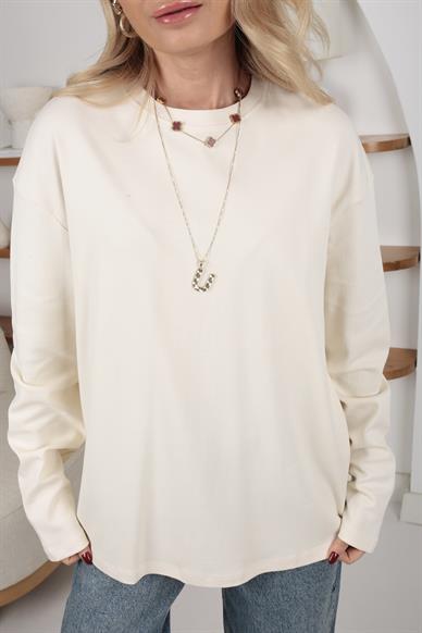 Krem Bisiklet Yaka Uzun Kol Basic
