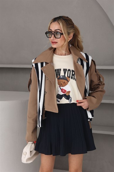 Krem Teddy Nakışlı Basic Tshirt