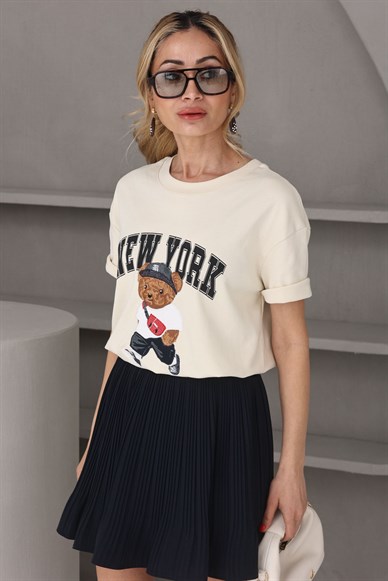 Krem Teddy Nakışlı Basic Tshirt