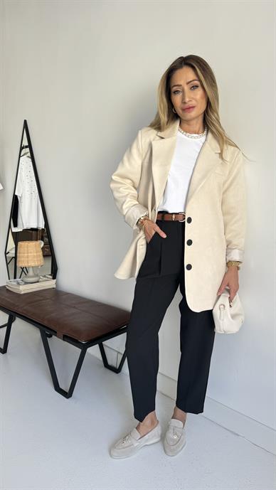 Krem Üç Düğmeli Nubuk Blazer Ceket