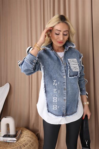 Kumaş Detay Yazılı Denim Gömlek