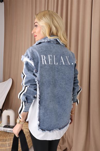 Kumaş Detay Yazılı Denim Gömlek