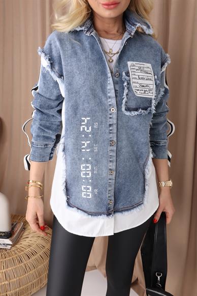 Kumaş Detay Yazılı Denim Gömlek