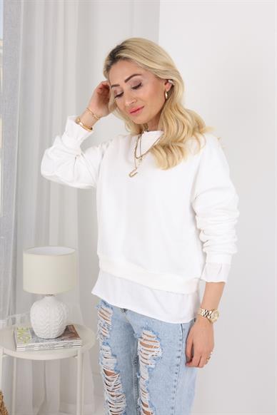 Kumaş Detaylı Beyaz Sweatshirt