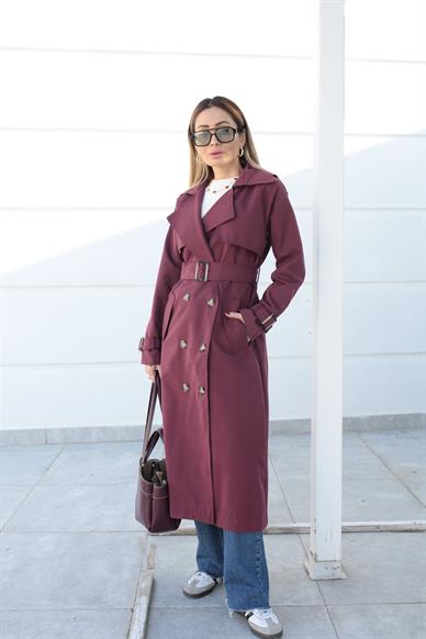 Kuşaklı Bordo Uzun Trençkot