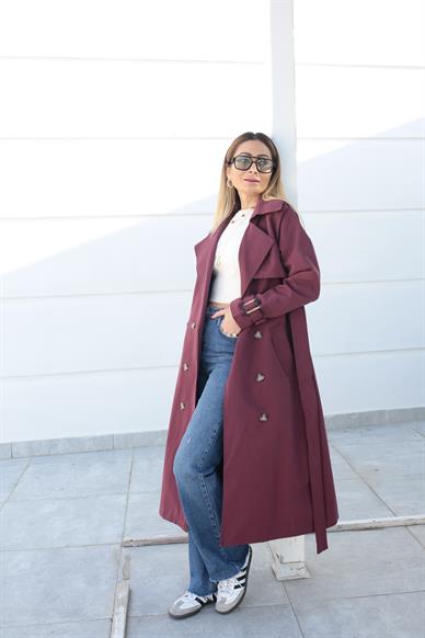 Kuşaklı Bordo Uzun Trençkot