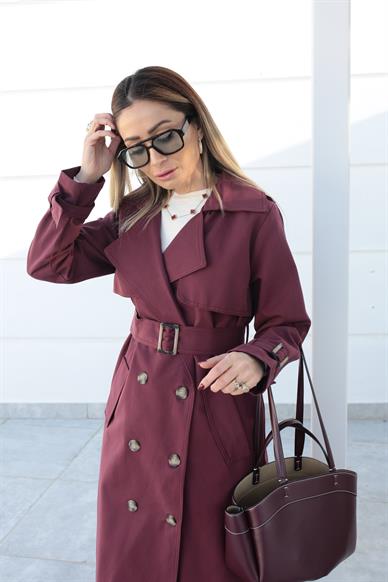 Kuşaklı Bordo Uzun Trençkot