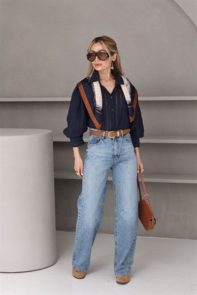 Lacivert Balon Kol Gömlek