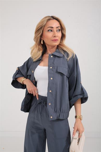 Lacivert Beli Lastikli Tensel Kumaş Takım
