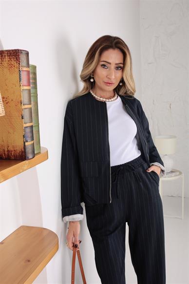 Lacivert Çizgili Bomber Ceketli Takım