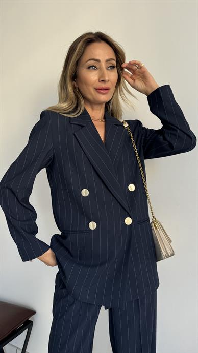 Lacivert Çizgili Gold Düğmeli Blazer Takım