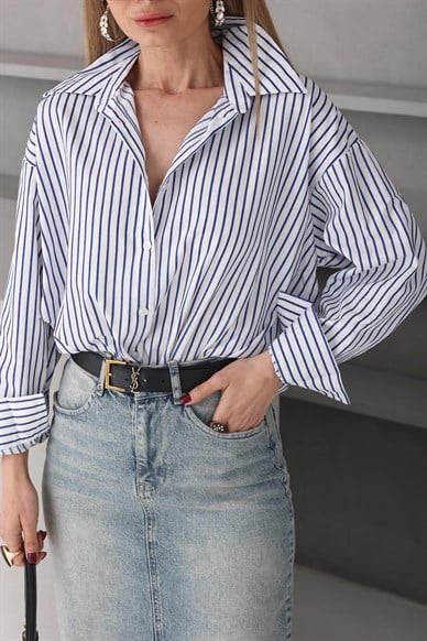 Lacivert Çizgili Kalın Manşetli Gömlek