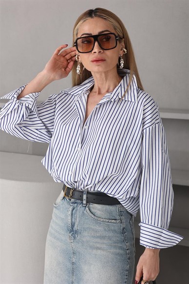 Lacivert Çizgili Kalın Manşetli Gömlek