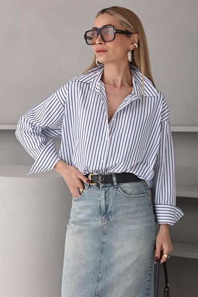 Lacivert Çizgili Kalın Manşetli Gömlek