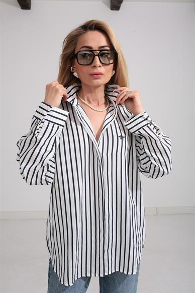 Lacivert Çizgili Nakışlı Gömlek