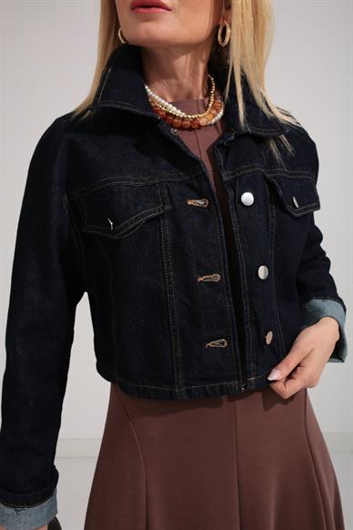 Lacivert Crop Denim Ceket