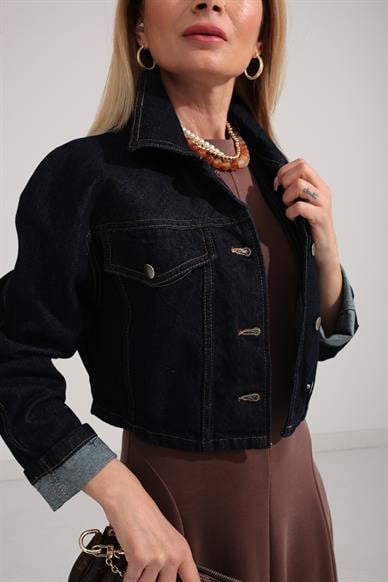 Lacivert Crop Denim Ceket