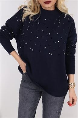 Lacivert Dağınık Taşlı Triko Kazak