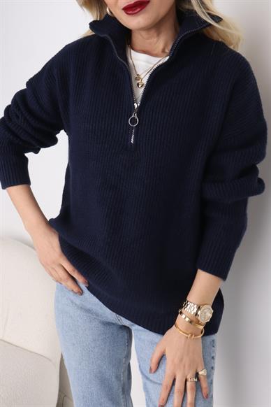 Lacivert Dik Yaka Fermuarlı Kazak