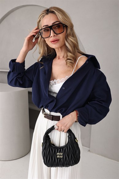 Lacivert Düğümlü Crop Gömlek