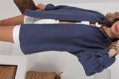 Lacivert Ham Keten Uzun Kollu Gömlek