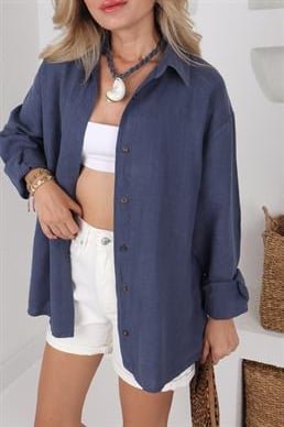 Lacivert Ham Keten Uzun Kollu Gömlek