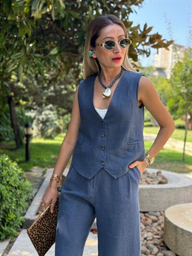 Lacivert Ham Keten Yelek Pantolon Takım