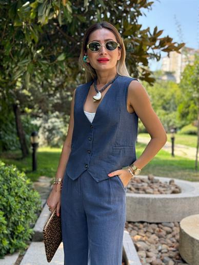 Lacivert Ham Keten Yelek Pantolon Takım