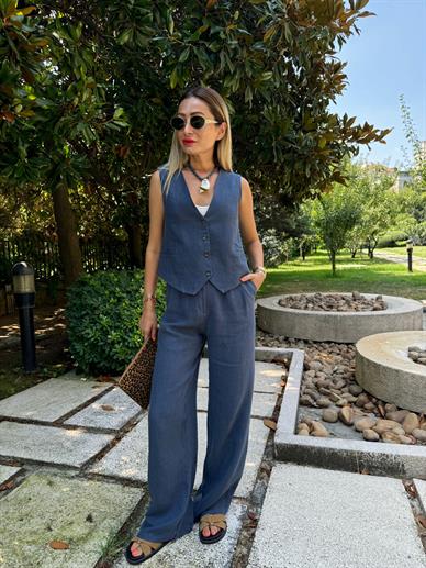 Lacivert Ham Keten Yelek Pantolon Takım