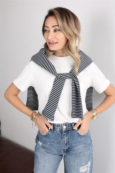 Lacivert İnce Çizgili Uzun Kol Tshirt