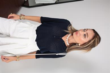 Lacivert Polo Yaka Delikli Kısa Kol Kazak