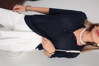 Lacivert Polo Yaka Delikli Kısa Kol Kazak