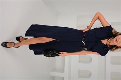 Lacivert Tensel Kumaş Gold Kemerli Elbise