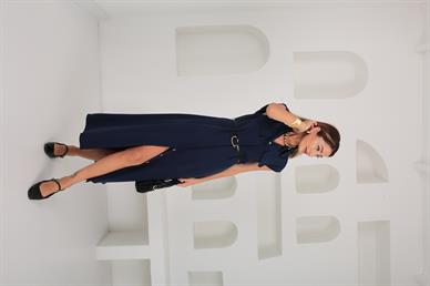 Lacivert Tensel Kumaş Gold Kemerli Elbise