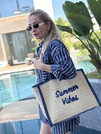 Lacivert Yazı Nakışlı İthal Hasır çanta