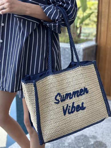 Lacivert Yazı Nakışlı İthal Hasır çanta