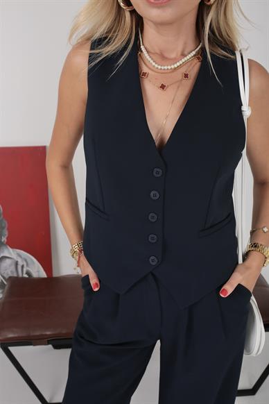 Lacivert Yelekli Palazzo Takım