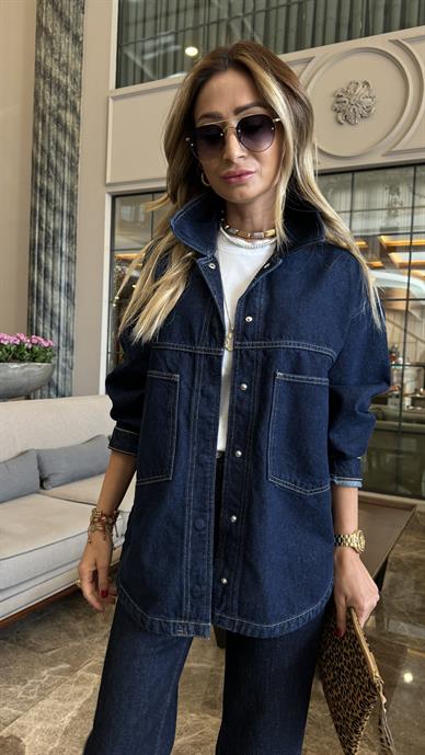 Lacivert Yırtmaçlı Çıtçıtlı Denim Ceket (1940-1)