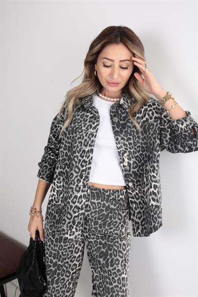 Leopar Baskılı Gri Denim Takım