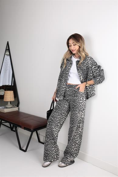 Leopar Baskılı Gri Denim Takım