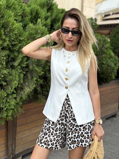 Leopar Desen Beli Lastikli Cepli Şort