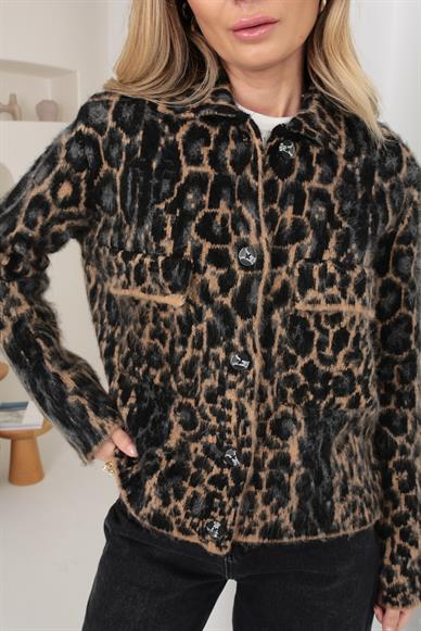 Leopar Desen Kapak Cepli Tüylü Hırka